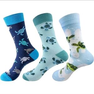 3 Pairs Cute Sea Turtle Pattern Crew Socks Navy, Mint & Light Blue